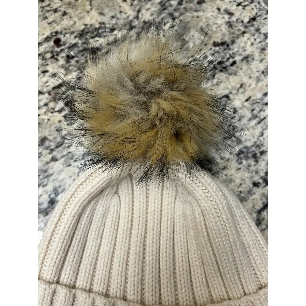 J CREW Hat Womens OS Ribbed Cuffed Pom-Pom Beanie NWOT Knit Cotton Ivory